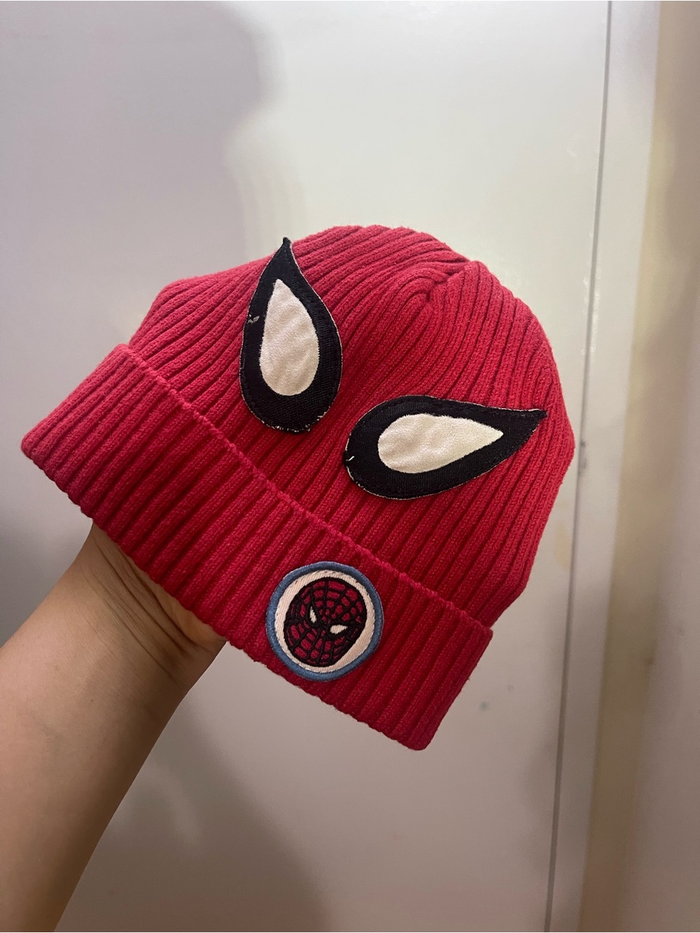GAP Red Ribbed Kids Superhero Beanie with Eye Patches